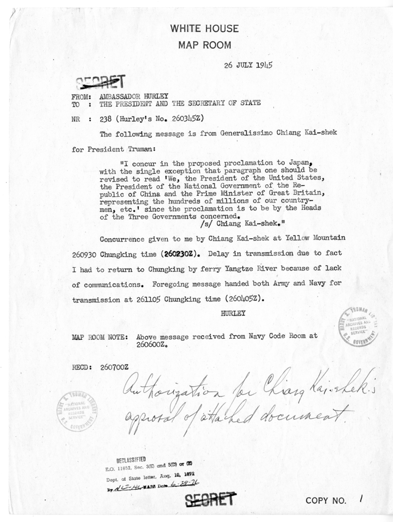 Memorandum from Ambassador Patrick Hurley to President Harry S. Truman and Secretary of State James Byrnes