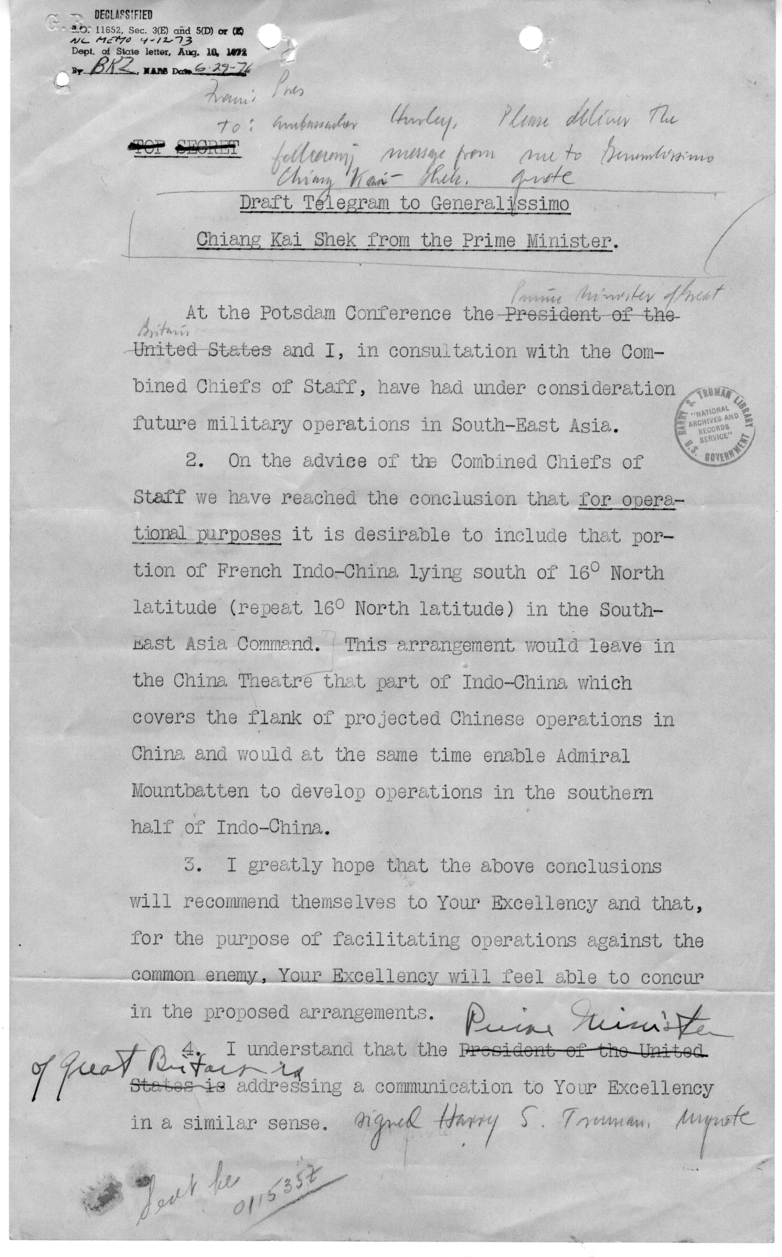 Draft Message from President Harry S. Truman to Generalissimo Chiang Kai-Shek
