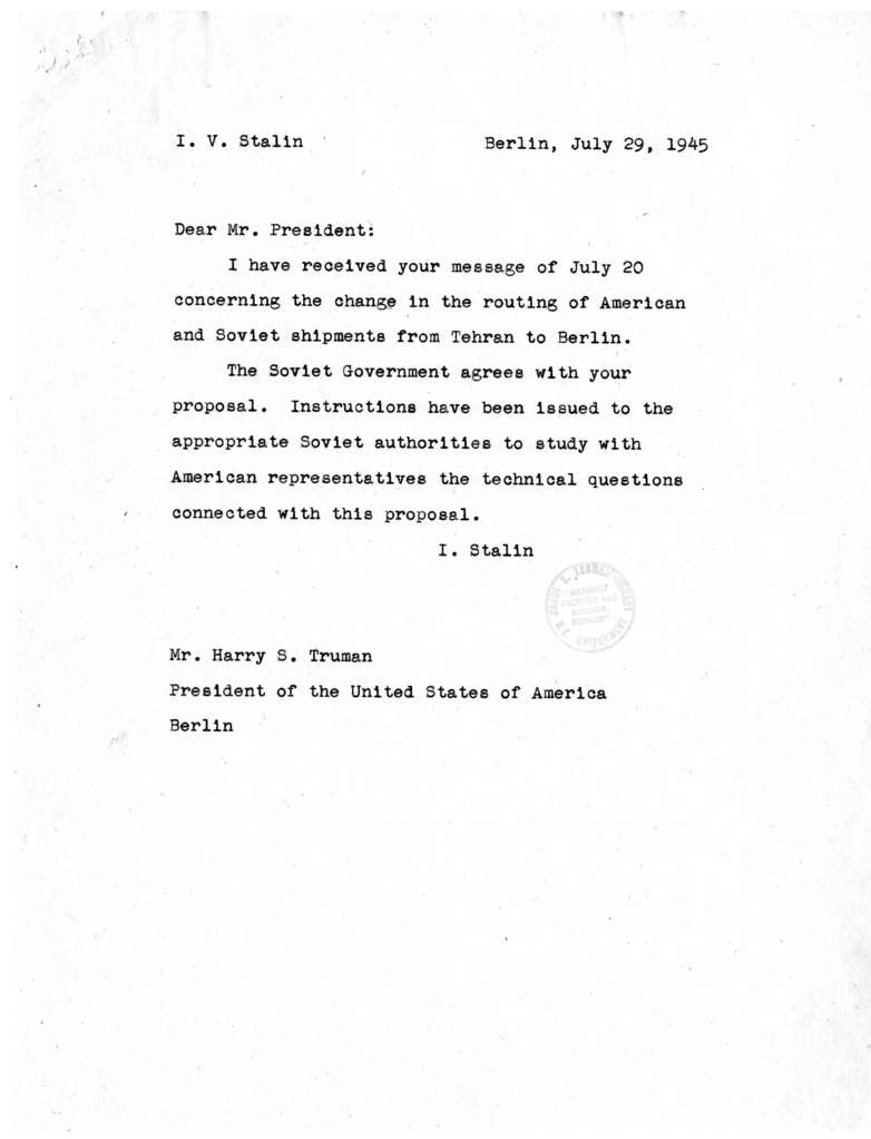 Memorandum from Generalissimo Joseph Stalin to President Harry S. Truman
