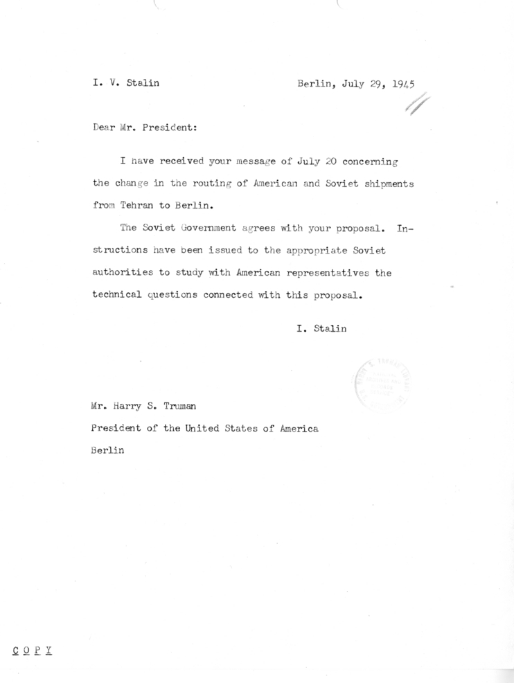 Memorandum from Generalissimo Joseph Stalin to President Harry S. Truman