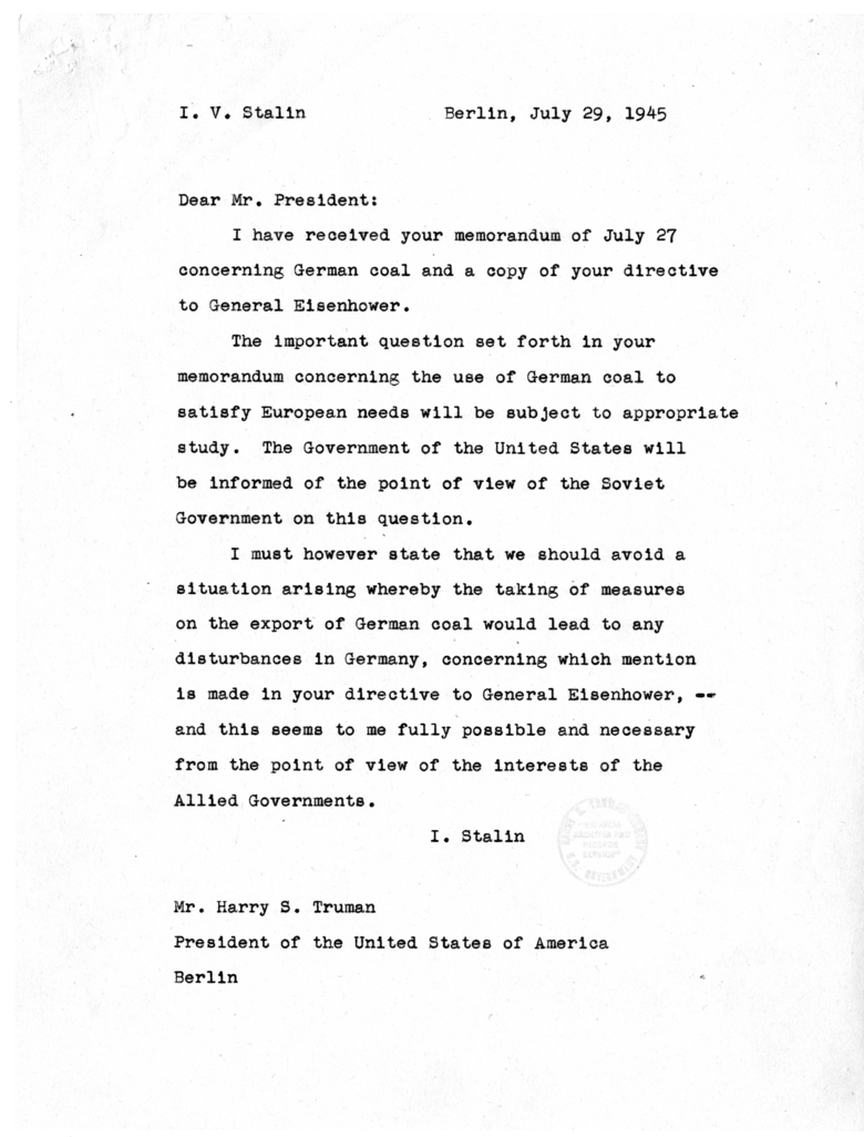 Memorandum from Generalissimo Joseph Stalin to President Harry S. Truman