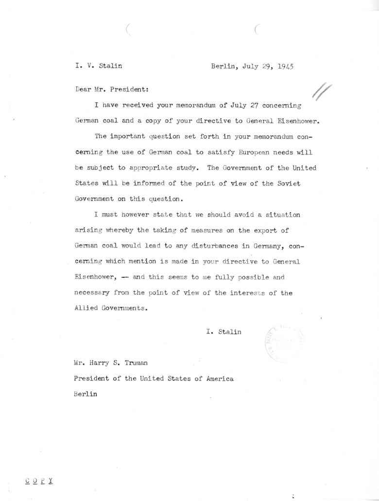 Memorandum from Generalissimo Joseph Stalin to President Harry S. Truman