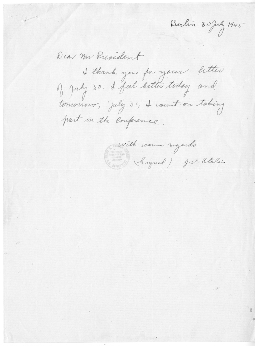 Note from Generalissimo Joseph Stalin to President Harry S. Truman