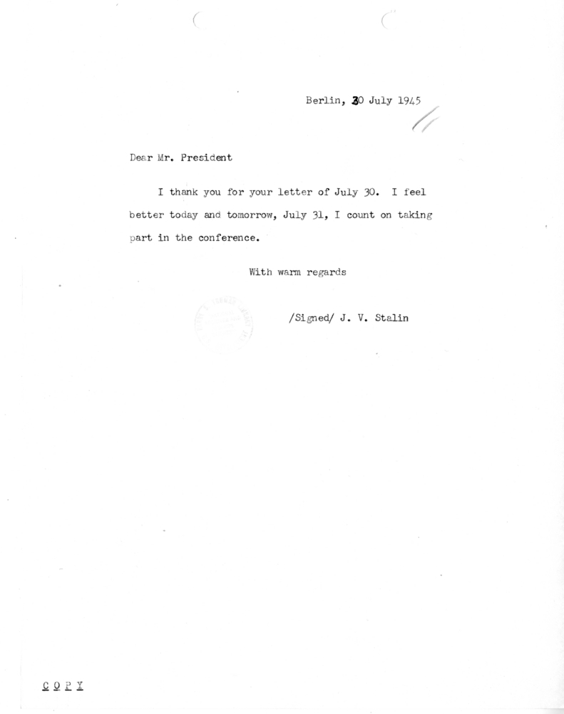 Note from Generalissimo Joseph Stalin to President Harry S. Truman