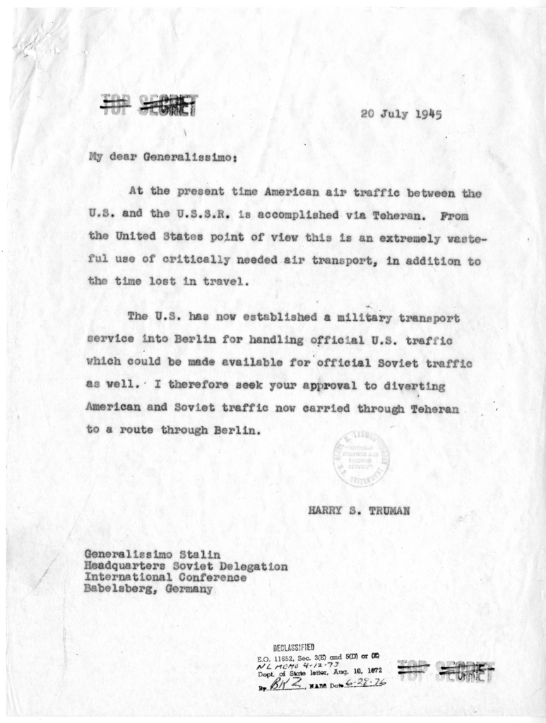 Memorandum from President Harry S. Truman to Generalissimo Joseph Stalin with Attached Memorandum from Admiral William Leahy to President Truman