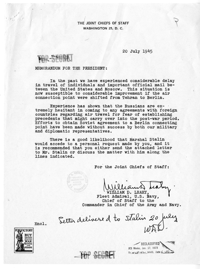 Memorandum from President Harry S. Truman to Generalissimo Joseph Stalin with Attached Memorandum from Admiral William Leahy to President Truman