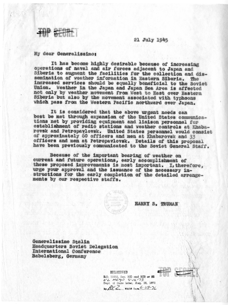 Memorandum from President Harry S. Truman to Generalissimo Joseph Stalin with Attached Memorandum from Admiral William Leahy to President Truman