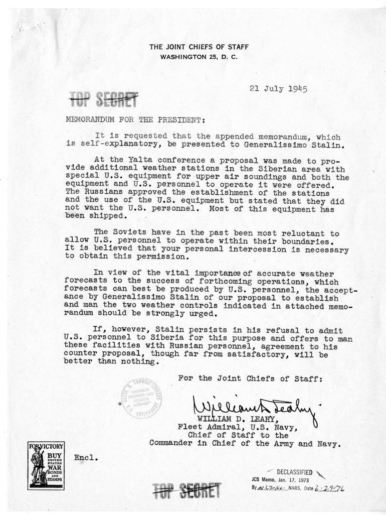 Memorandum from President Harry S. Truman to Generalissimo Joseph Stalin with Attached Memorandum from Admiral William Leahy to President Truman