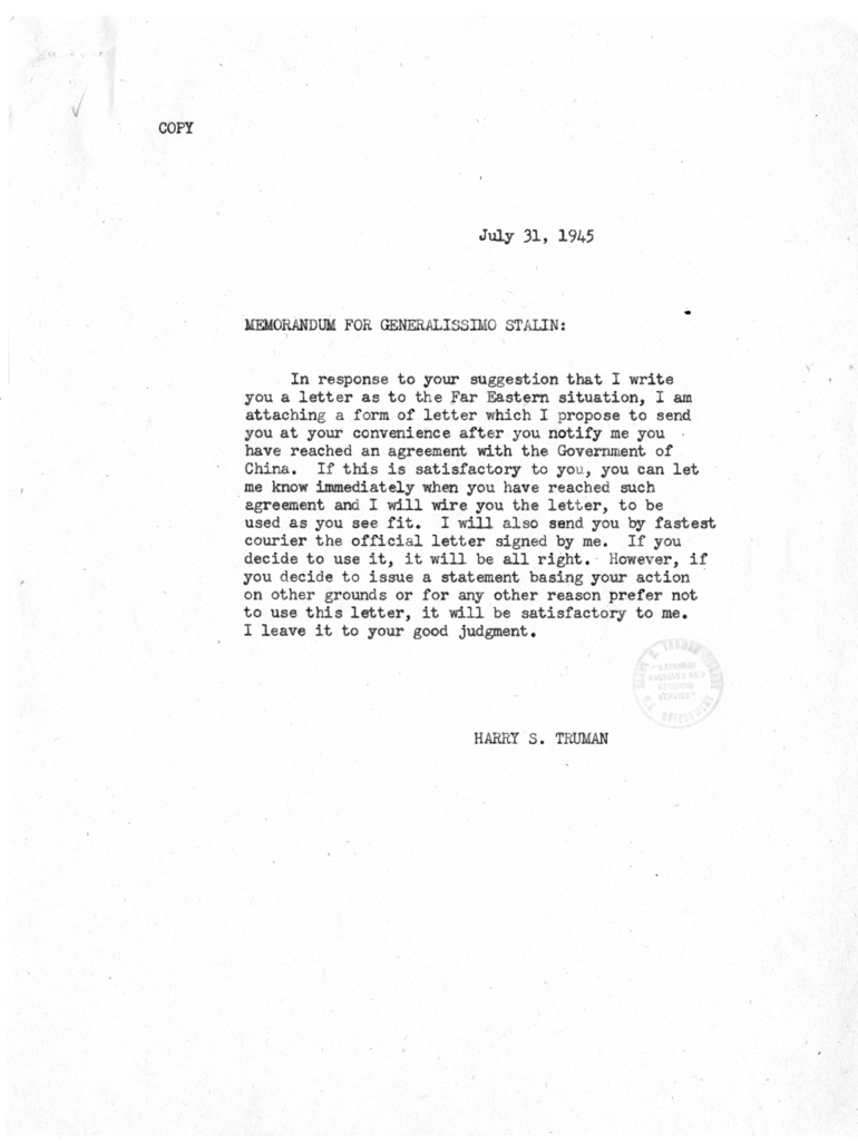 Memorandum from President Harry S. Truman to Generalissimo Joseph Stalin