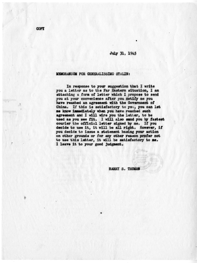 Memorandum from President Harry S. Truman to Generalissimo Joseph Stalin