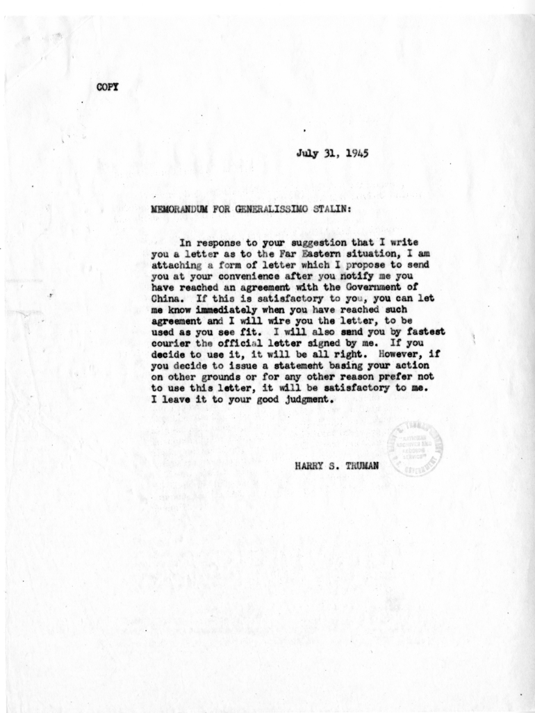 Memorandum from President Harry S. Truman to Generalissimo Joseph Stalin