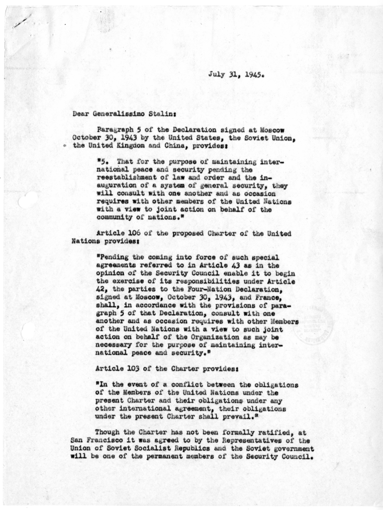 Memorandum from President Harry S. Truman to Generalissimo Joseph Stalin