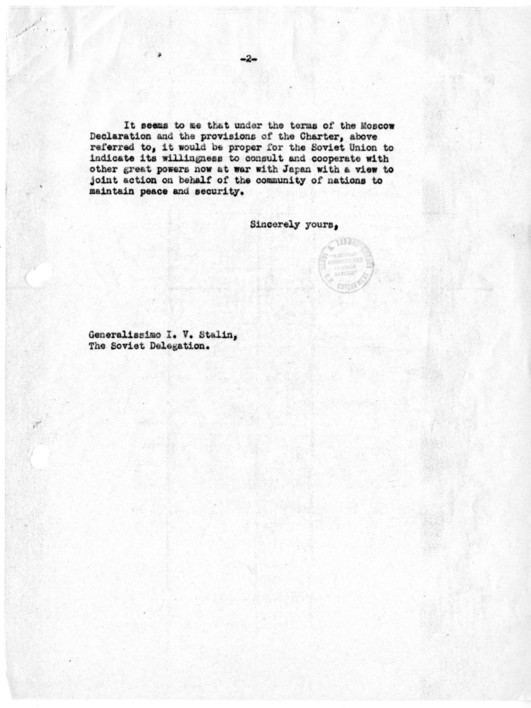 Memorandum from President Harry S. Truman to Generalissimo Joseph Stalin