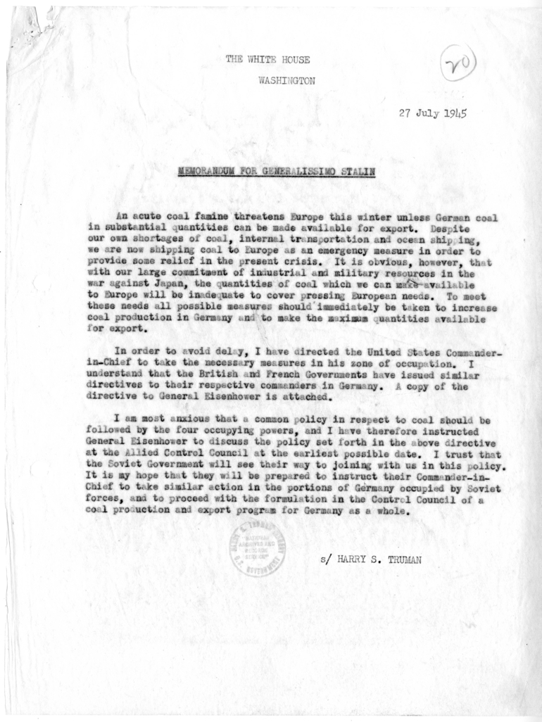 Memorandum from President Harry S. Truman to Generalissimo Joseph Stalin