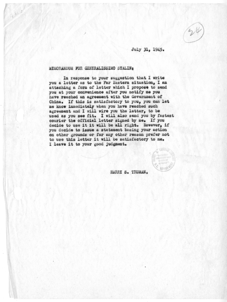 Memorandum from President Harry S. Truman to Generalissimo Joseph Stalin