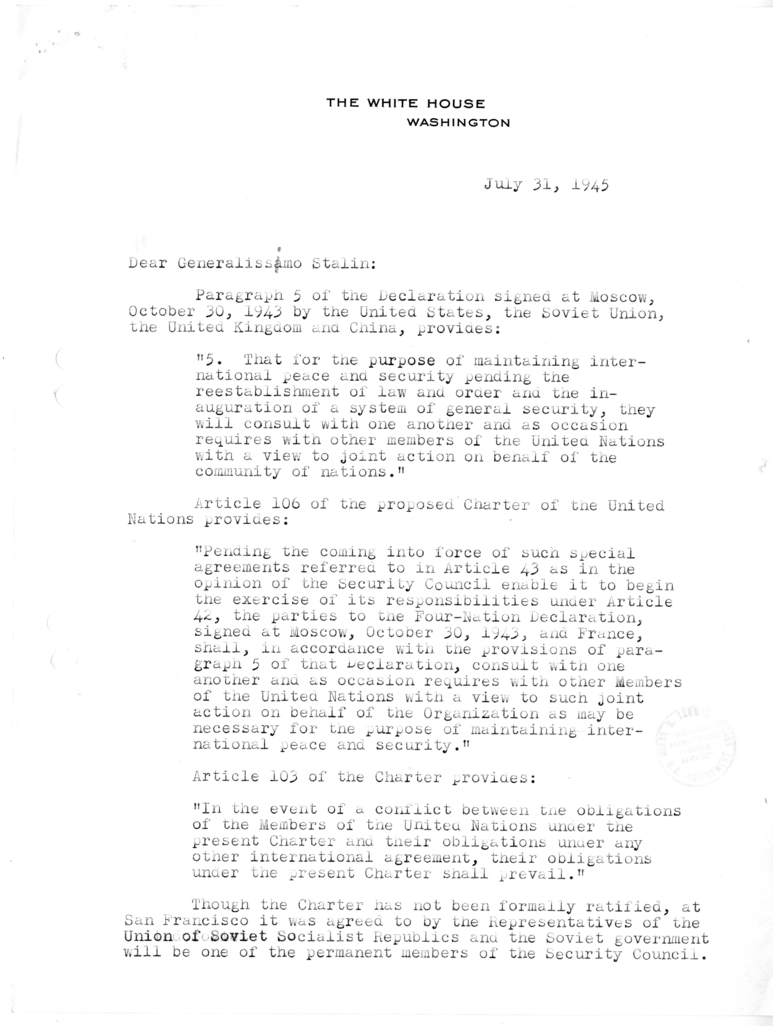 Memorandum from President Harry S. Truman to Generalissimo Joseph Stalin