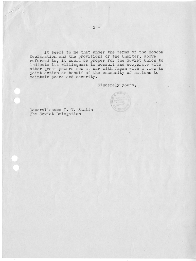 Memorandum from President Harry S. Truman to Generalissimo Joseph Stalin