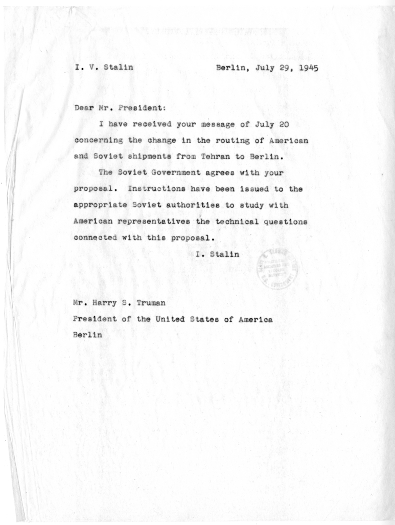 Memorandum from Generalissimo Joseph Stalin to President Harry S. Truman