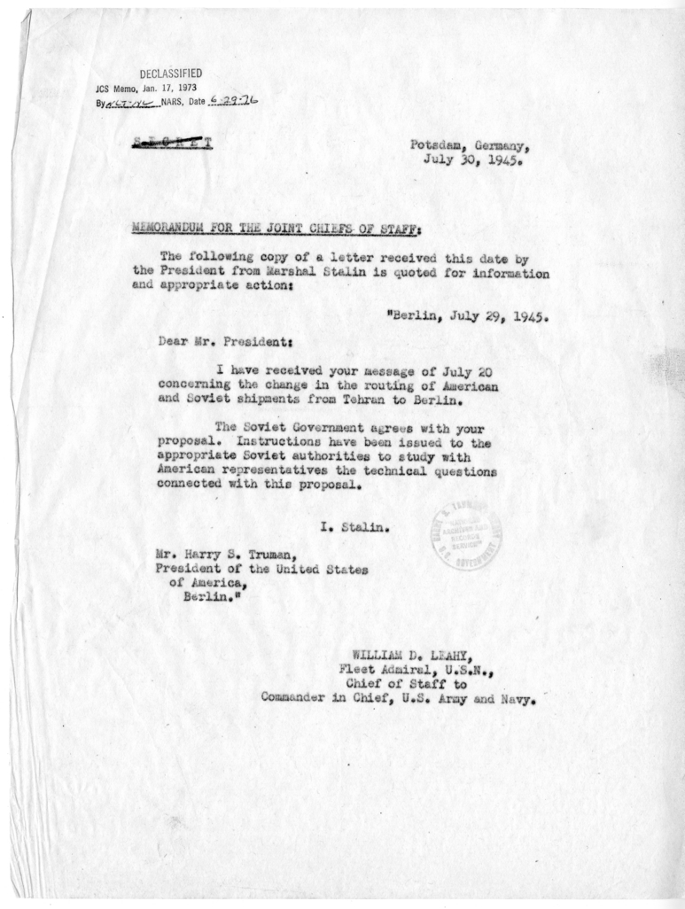 Memorandum from Fleet Admiral William D. Leahy to the Joint Chiefs of Staff