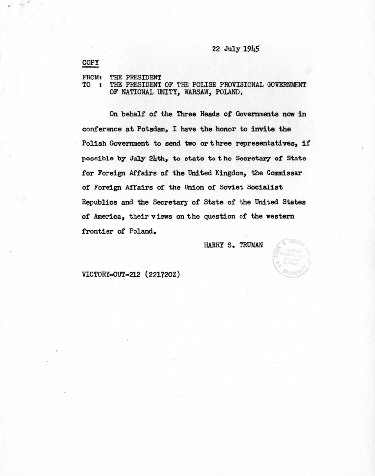 Memorandum from President Harry S. Truman to the President of the Polish Provisional Government of National Unity, Warsaw, Poland