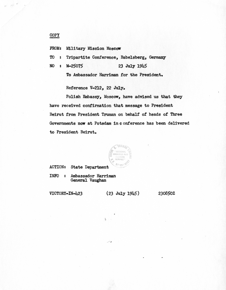 Memorandum from Military Mission Moscow to President Harry S. Truman and Ambassador Averell Harriman
