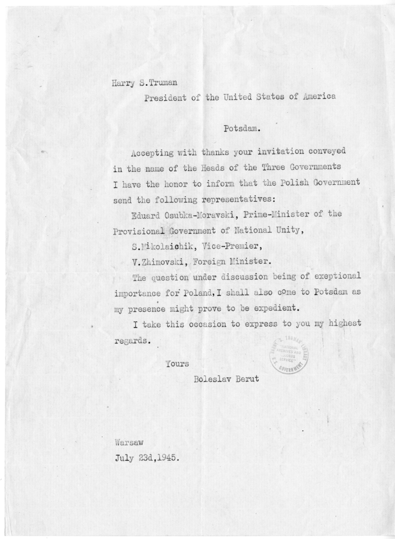 Memorandum from Boleslav Bierut to President Harry S. Truman