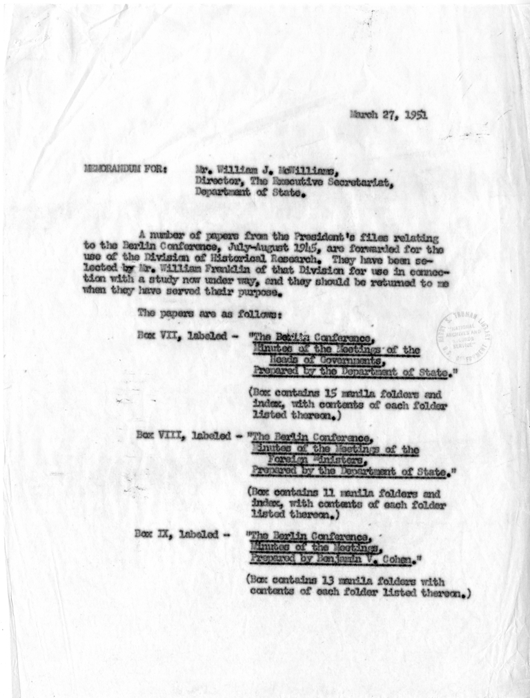 Memorandum from George M. Elsey to William J. McWilliams