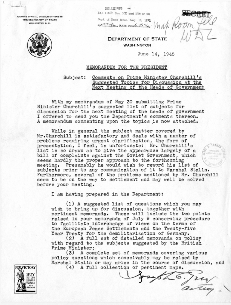 Memorandum from Joseph C. Grew to President Harry S. Truman