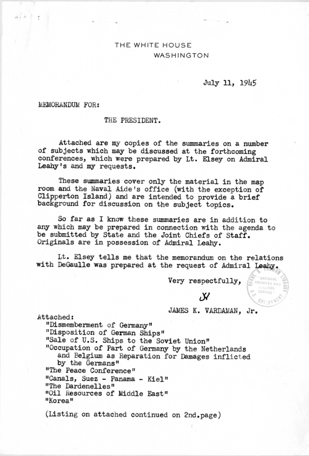 Memorandum from James K. Vardaman, Jr. to President Harry S. Truman