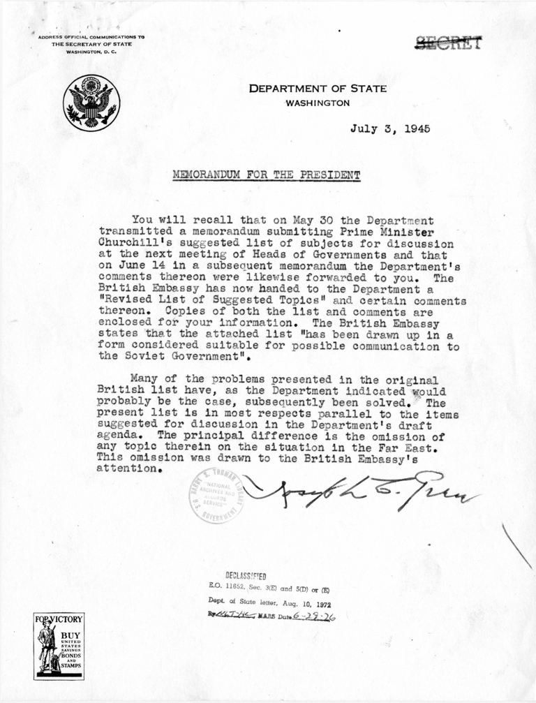 Memorandum from Joseph C. Grew to President Harry S. Truman