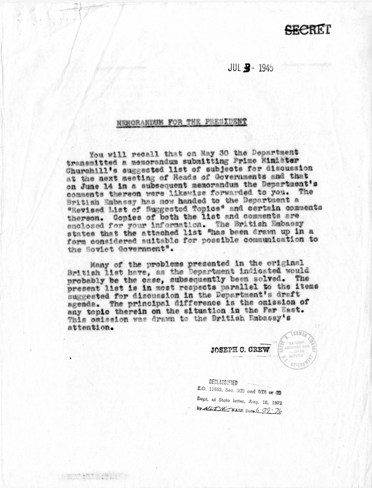 Memorandum from Joseph C. Grew to President Harry S. Truman