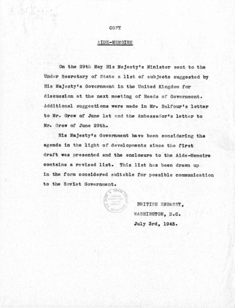 Memorandum from Joseph C. Grew to President Harry S. Truman