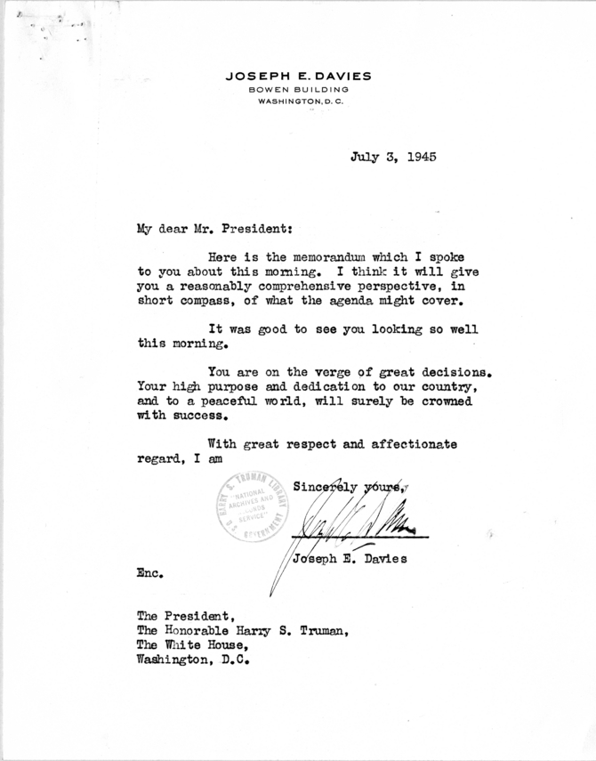 Memorandum from Joseph E. Davies to President Harry S. Truman