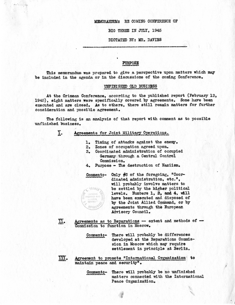 Memorandum from Joseph E. Davies to President Harry S. Truman