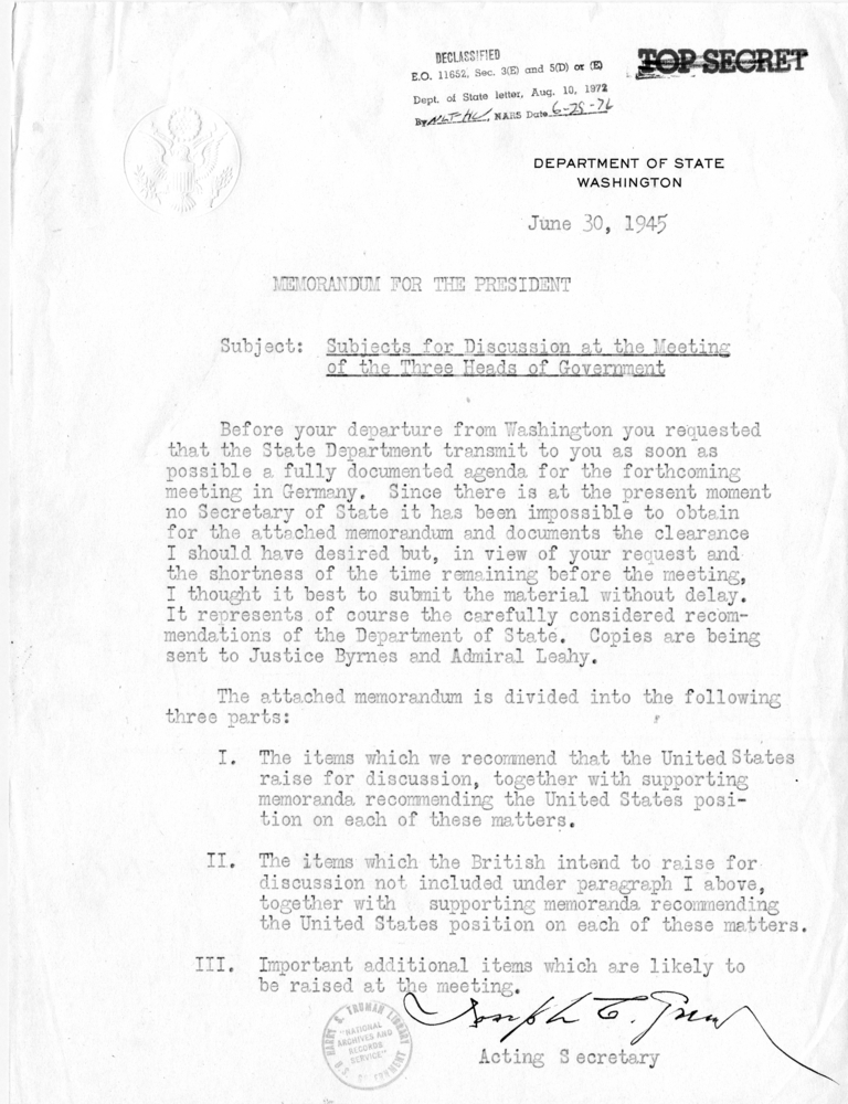 Memorandum from Joseph C. Grew to President Harry S. Truman