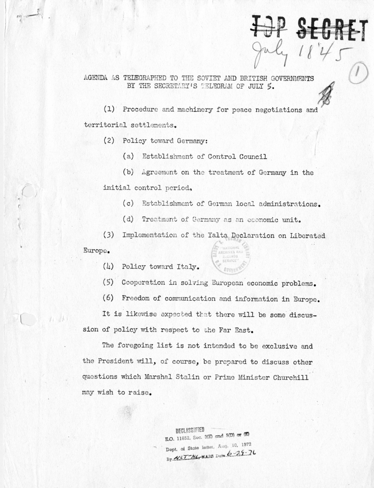 Agenda as Telegraphed to the Soviet and British Governments by the Secretary's Telegram of July 5