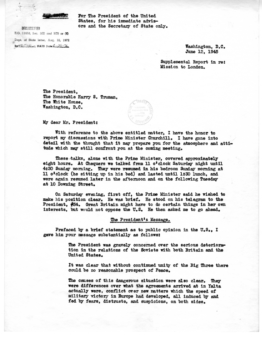 Supplemental Report from Joseph E. Davies to Harry S. Truman Regarding Mission in London