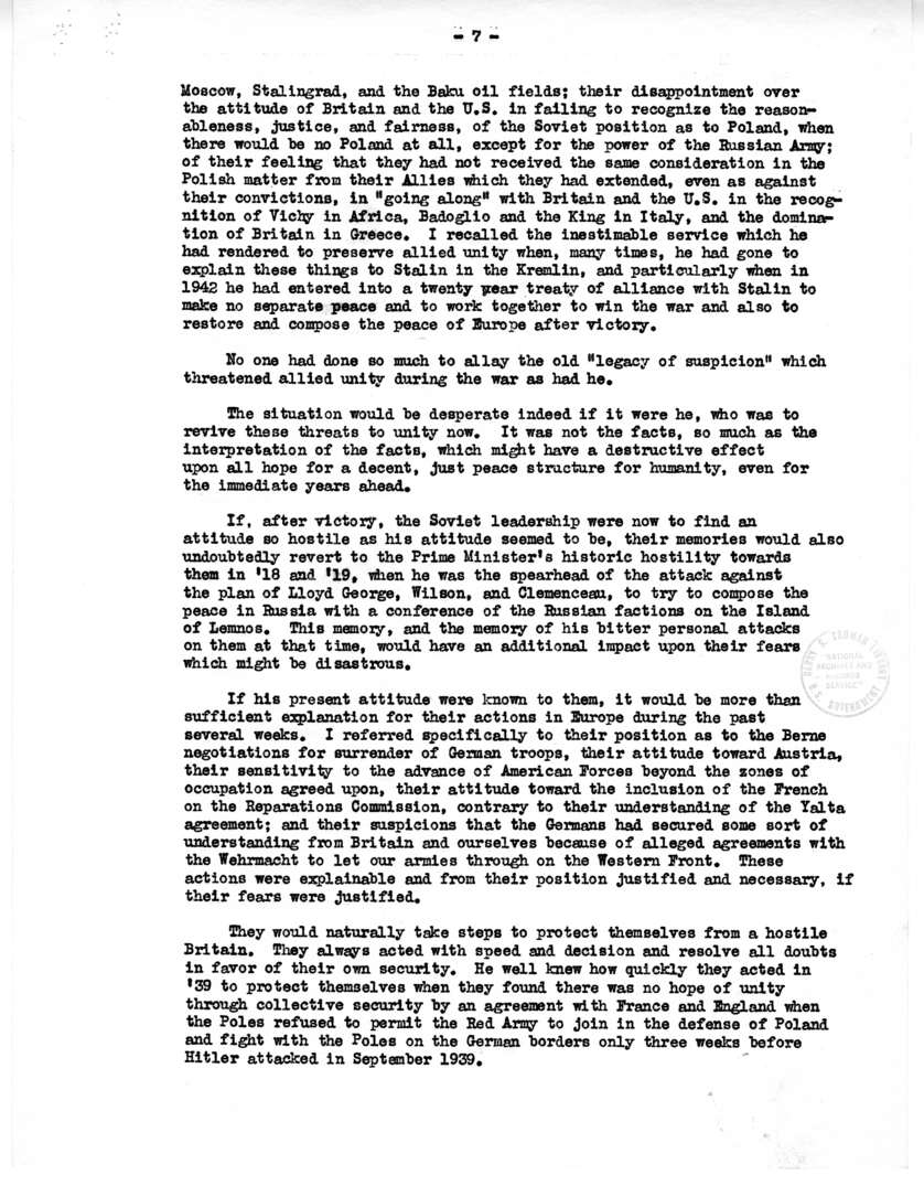 Supplemental Report from Joseph E. Davies to Harry S. Truman Regarding Mission in London