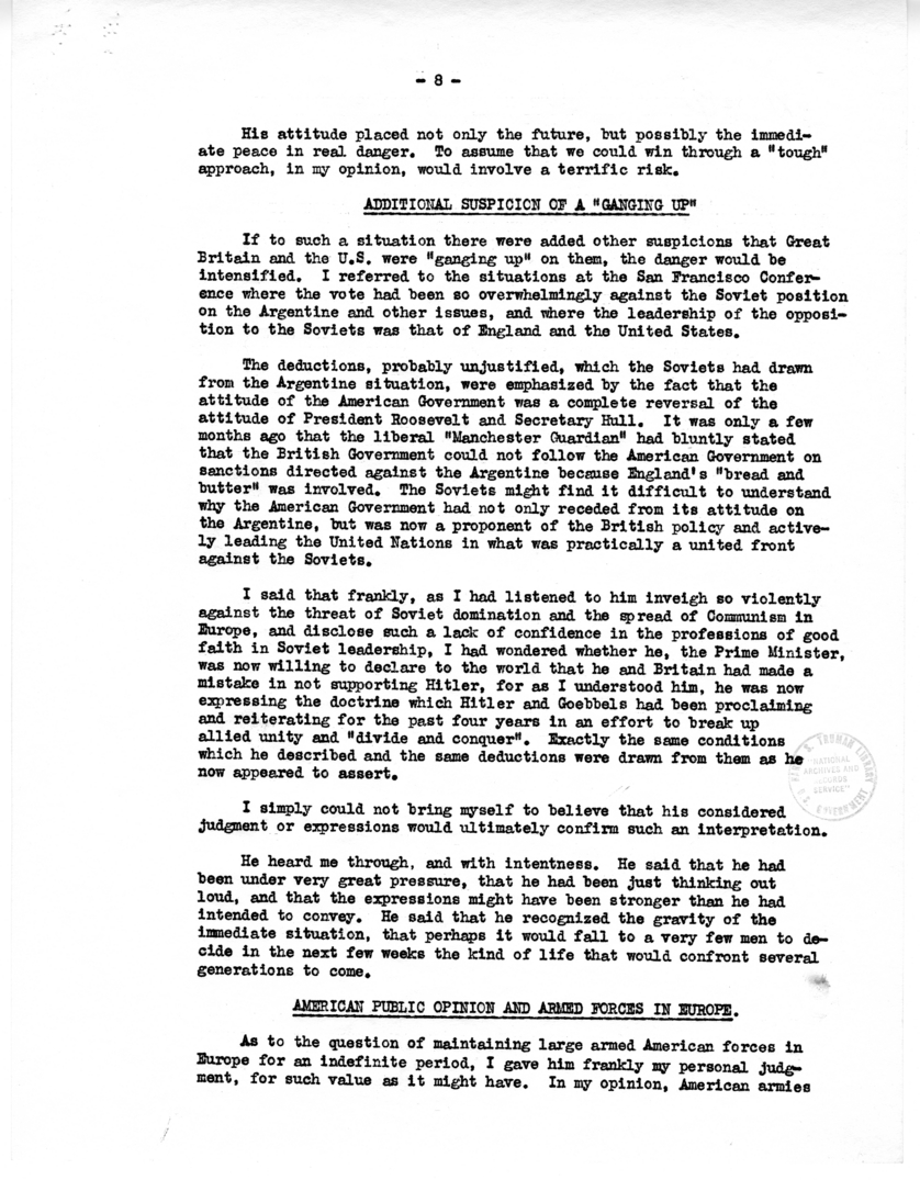 Supplemental Report from Joseph E. Davies to Harry S. Truman Regarding Mission in London