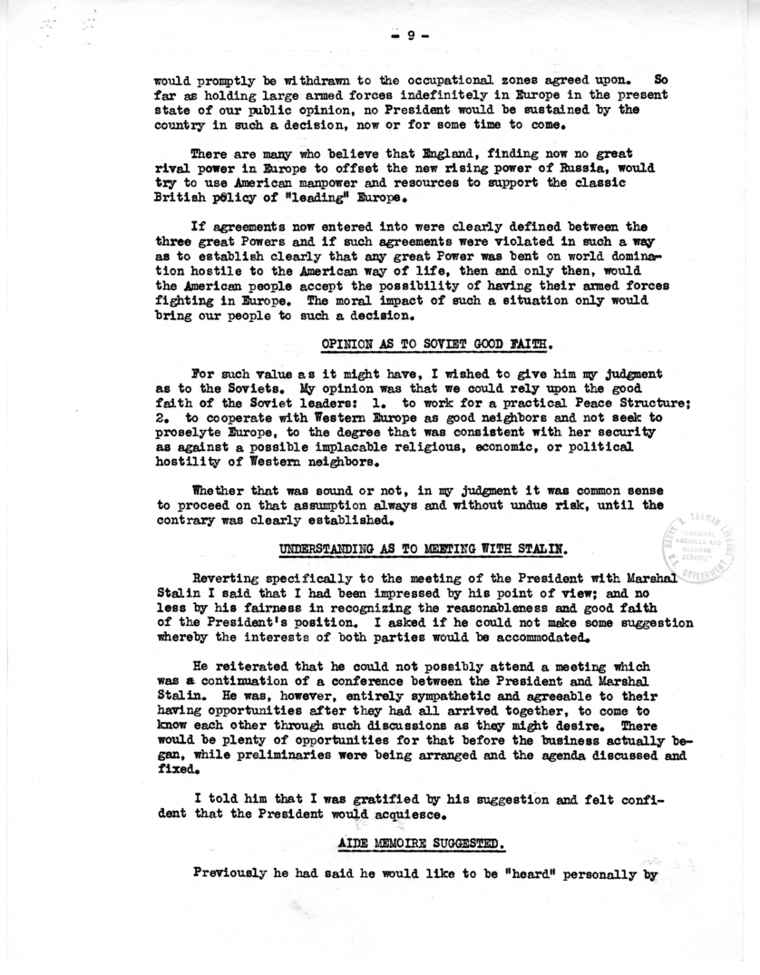 Supplemental Report from Joseph E. Davies to Harry S. Truman Regarding Mission in London