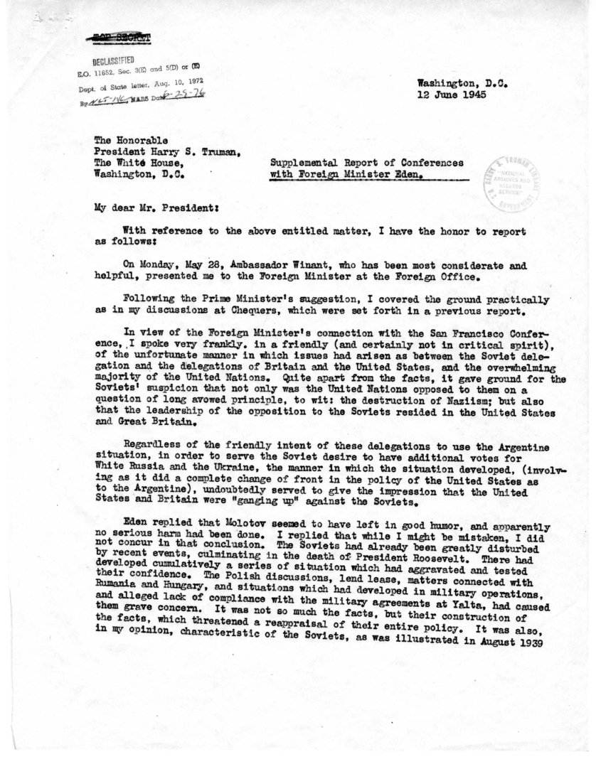 Memorandum from Joseph E. Davies to President Harry S. Truman Regarding Supplemental Report of Conferences with Foreign Minister Anthony Eden