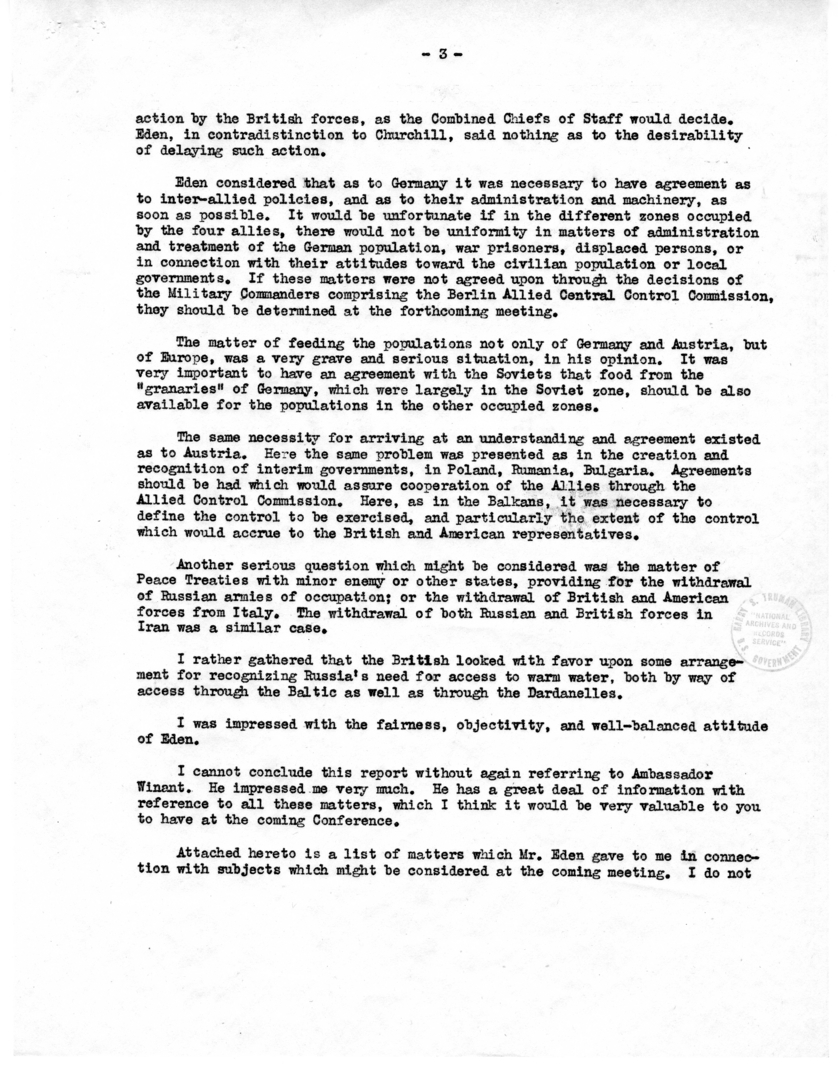 Memorandum from Joseph E. Davies to President Harry S. Truman Regarding Supplemental Report of Conferences with Foreign Minister Anthony Eden