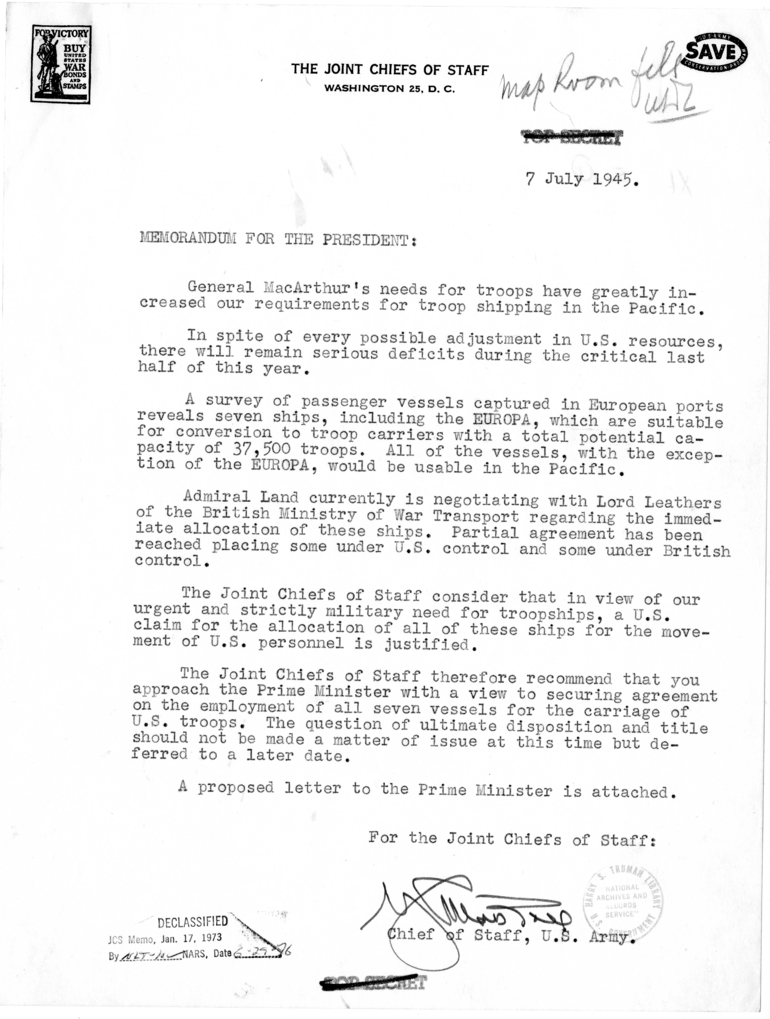 Memorandum from General George C. Marshall to President Harry S. Truman