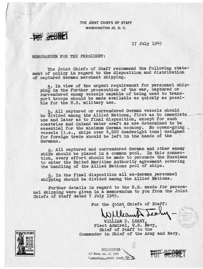 Memorandum from Fleet Admiral William D. Leahy to President Harry S. Truman