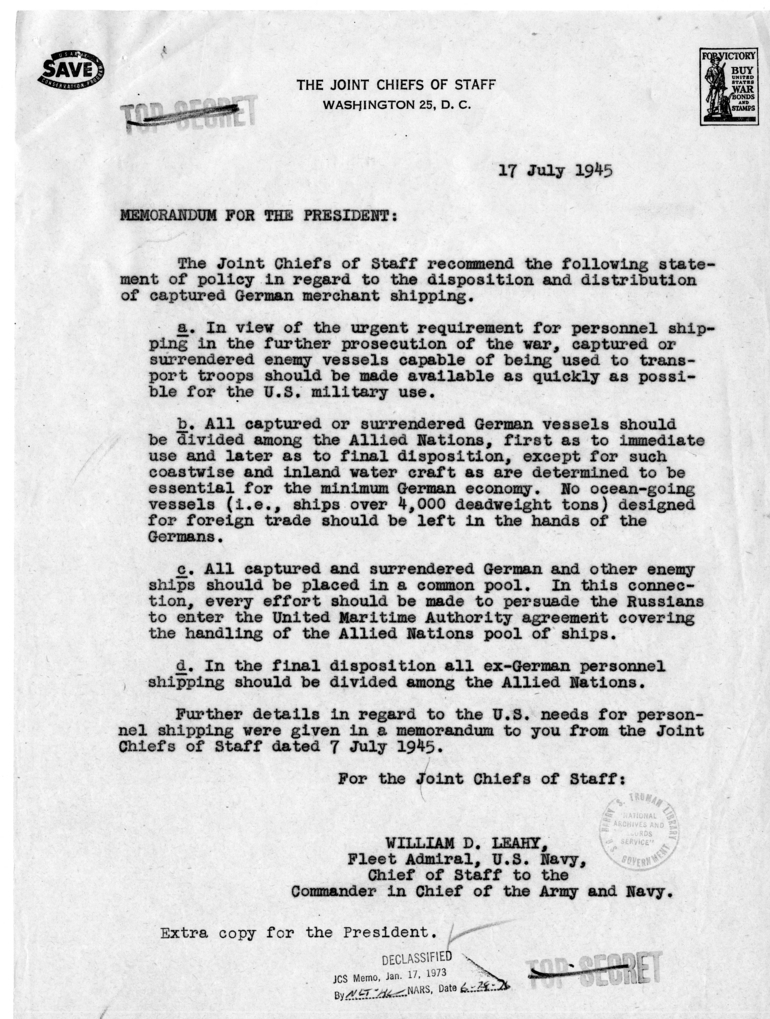 Memorandum from Fleet Admiral William D. Leahy to President Harry S. Truman