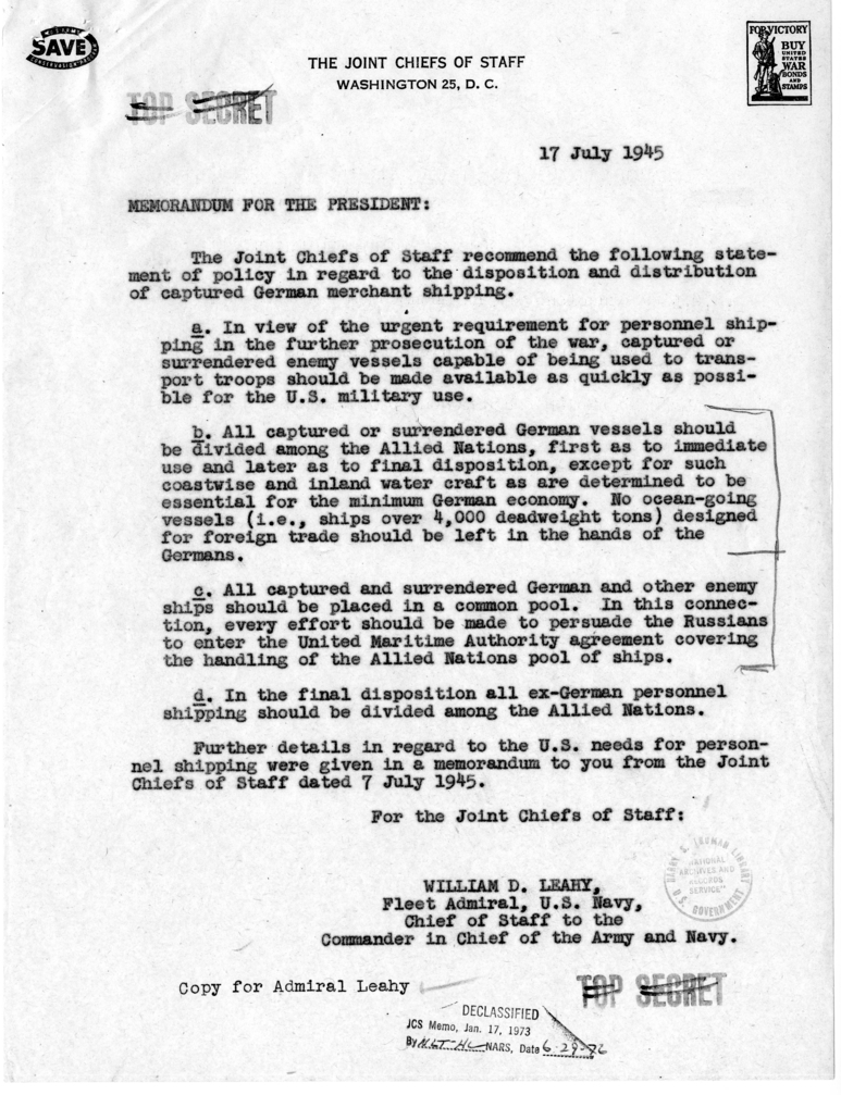 Memorandum from Brigadier General Andrew McFarland to Fleet Admiral William D. Leahy