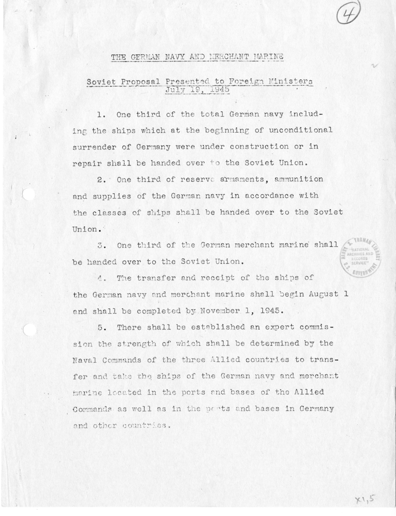 Memorandum, The German Navy and Merchant Marine: Soviet Proposal Presented to Foreign Ministers