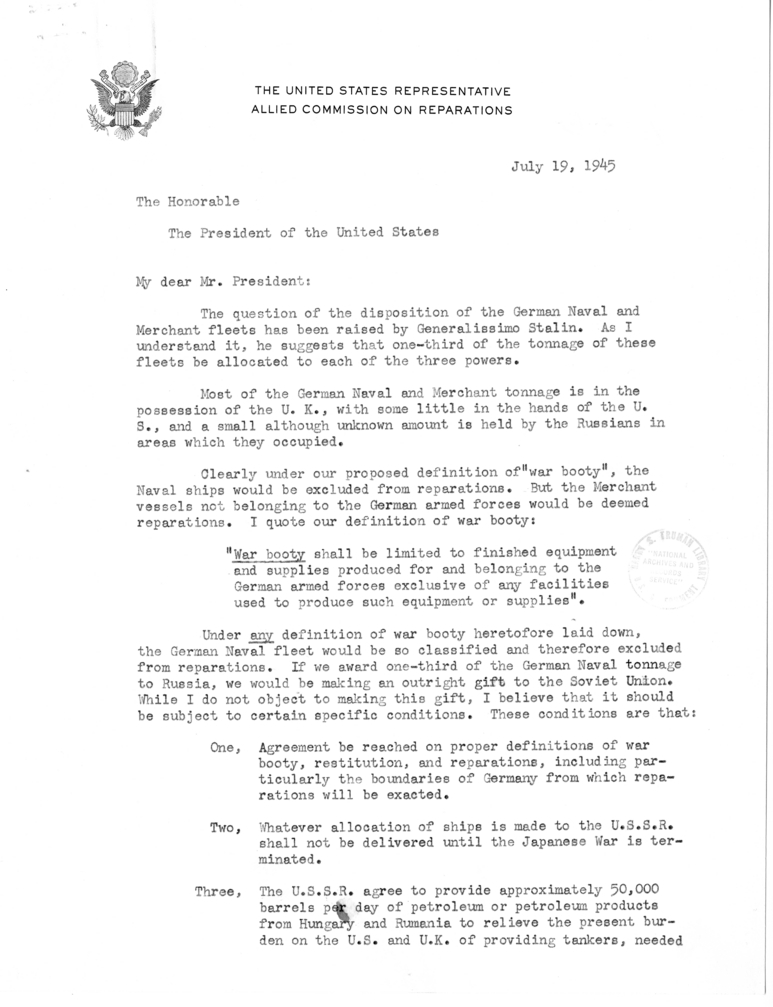 Memorandum from Edwin W. Pauley to President Harry S. Truman