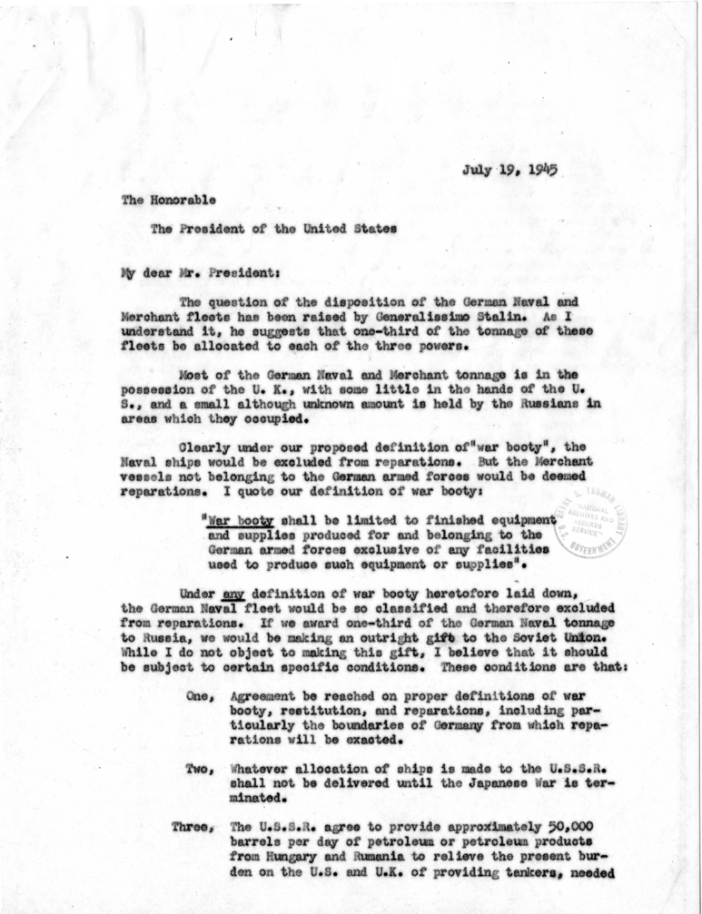 Memorandum from Edwin W. Pauley to President Harry S. Truman