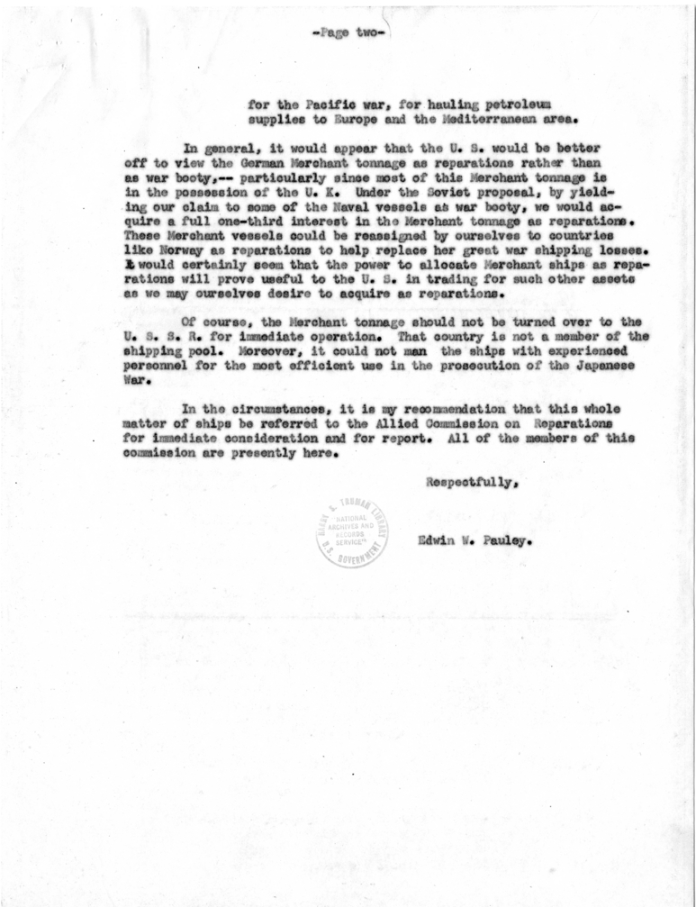 Memorandum from Edwin W. Pauley to President Harry S. Truman